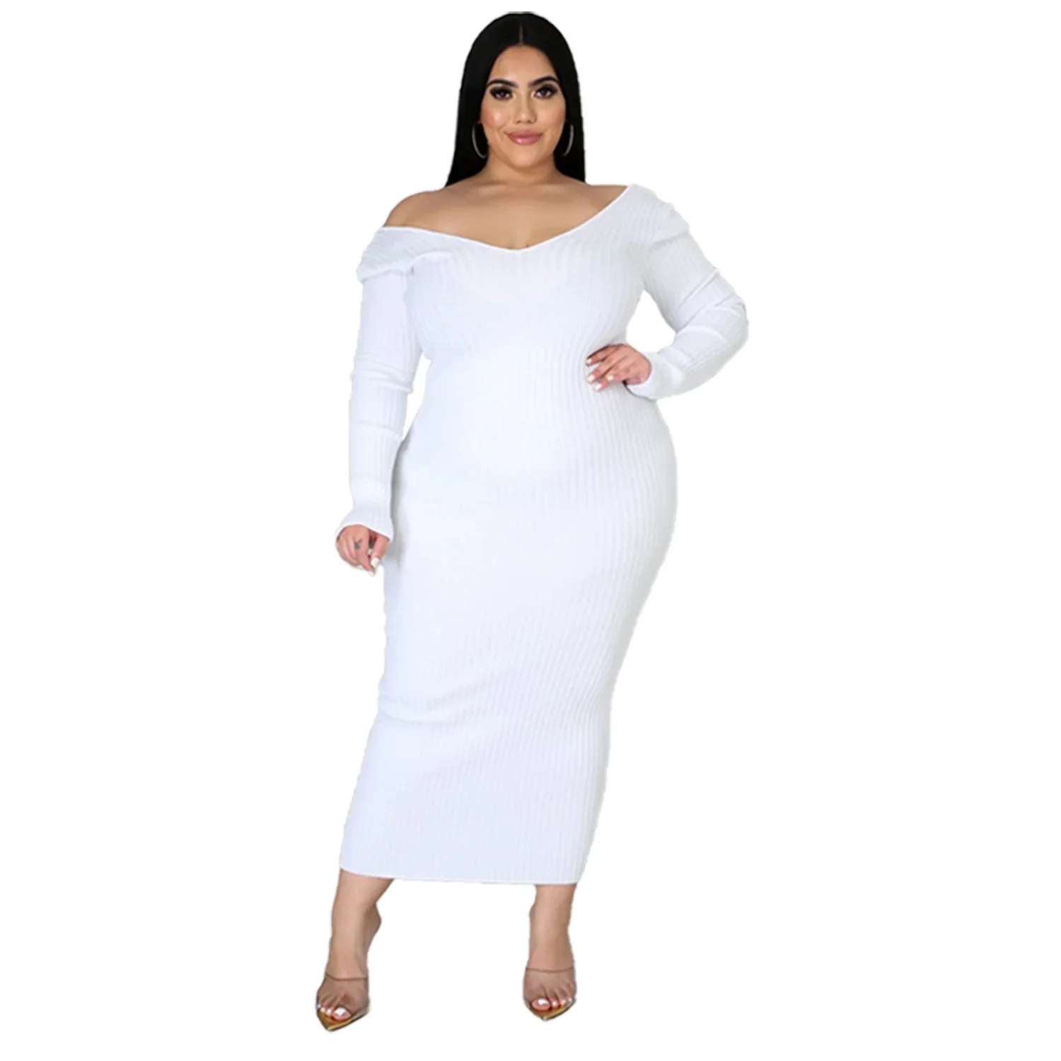 Plus Size Solid Color Long Sleeve Rib Pit Knit Cotton Mid-Calf Dress Women\'s Bottoming Long Dress Sexy Party Club Dresses