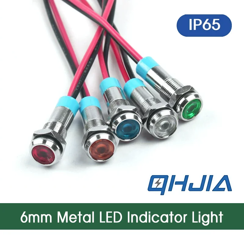 6mm Metal LED Indicator Light IP65 Waterproof Pre-wired Signal Lamp 6V 12V 24V 220V Red Green Blue White Yellow Pilot Lights