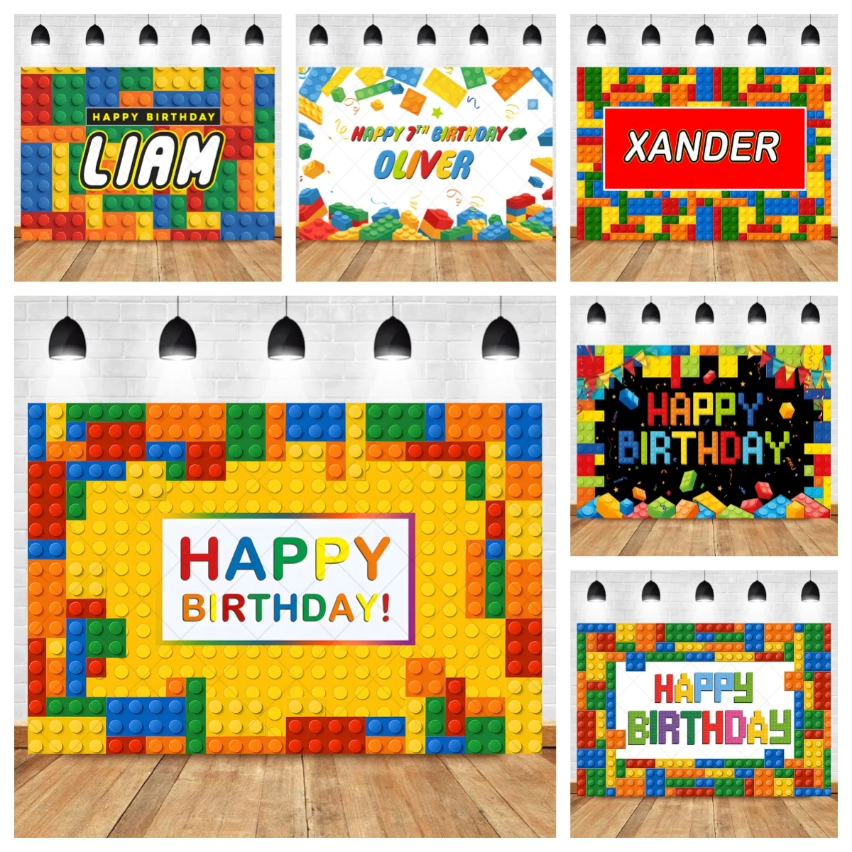 Cartoon Building Block Theme Photo Backdrop Banner Custom Name Happy Birthday Party Background Kids Boys Girl Baby Shower Decor