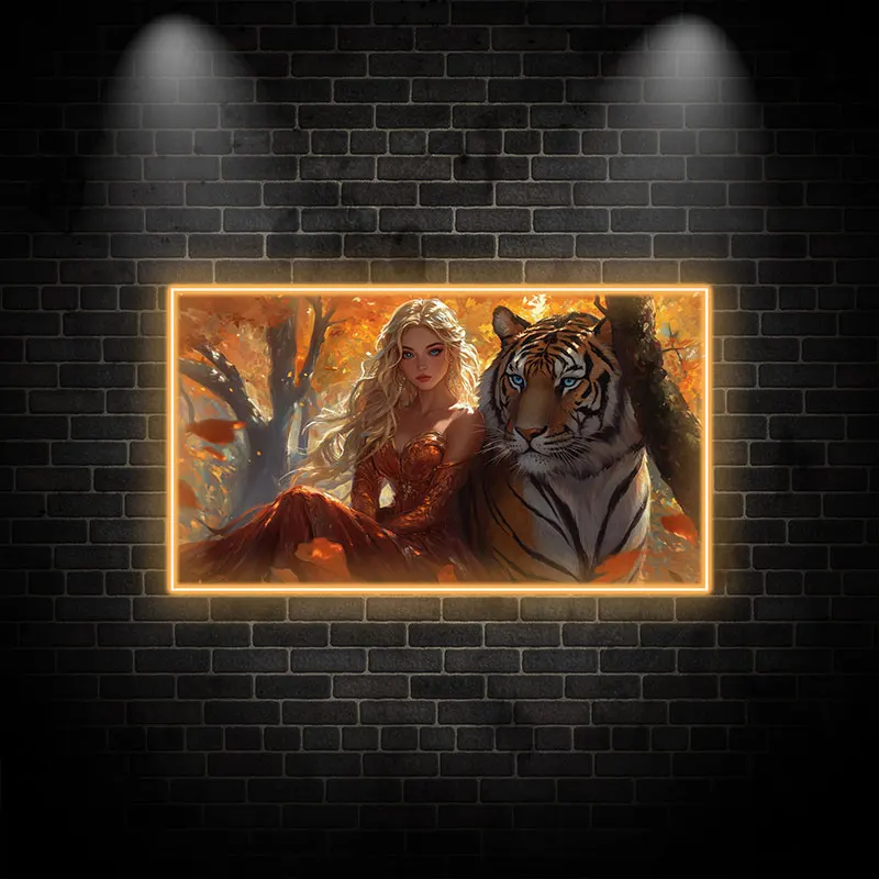 Elegant Woman and Tiger Neon Light, Stunning LED Sign with Autumn Colors, Perfect for Artistic Wall Decor & Unique Gift Ideas