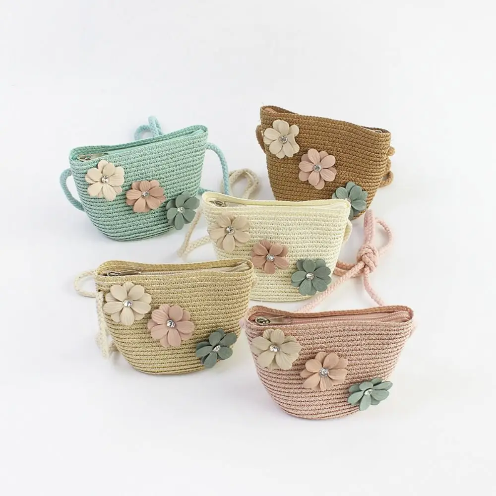 New Handmade Girls Shoulder Bag Flower Straw Crossbody Bag Messenger Bag Kids Keys Coin Purse Cute Princess Mini Rattan Handbag