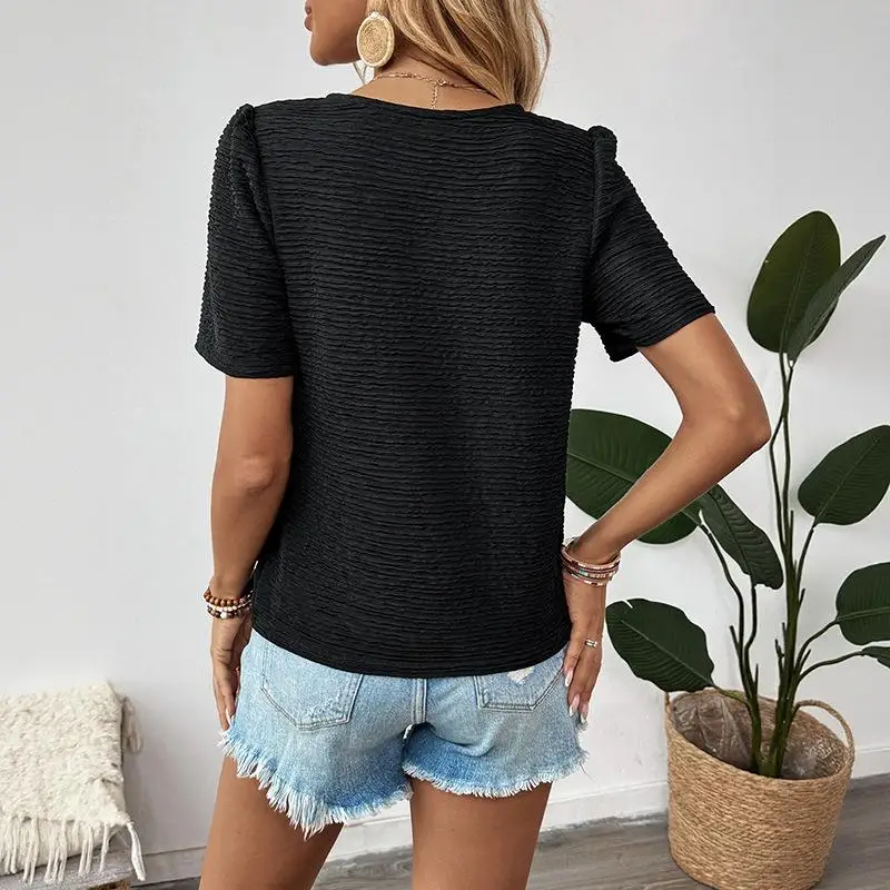 2026 New  Knot Tied Knitted Top Casual Texture Women's Summer Fashion Cross-Border Short Sleeve Pullover Tee