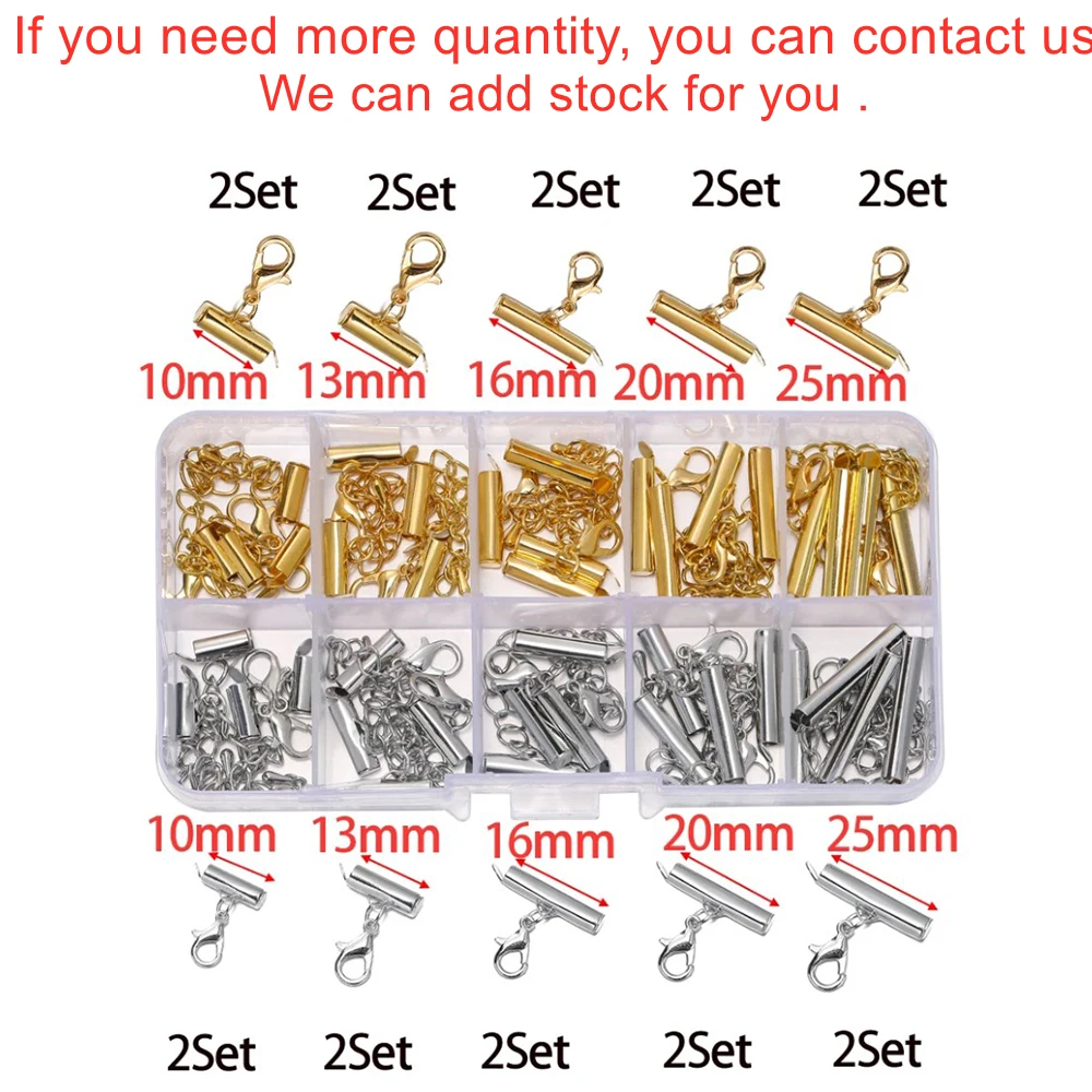 20Sets/Box 10-25mm Lobster Clasps Hooks Extending Chain Bracelet End Connectors Slider Clasp for Handmade Jewelry Making Finding