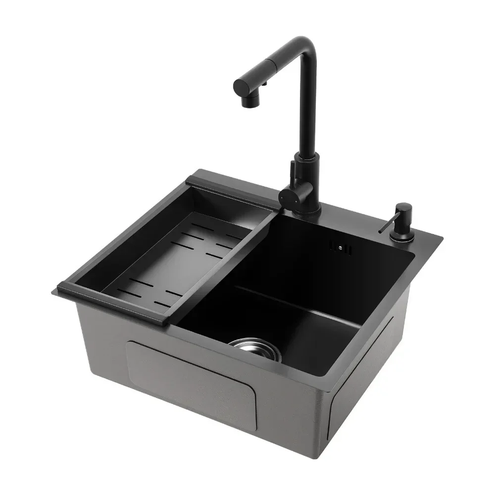

Kitchen Sink 50 x 45 cm Stainless Steel 1 Basin Sink Black with Extendable Tap with Soap Dispenser Basket Strainer Drain Pipe