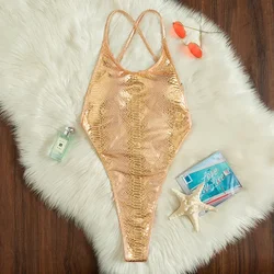 Sexy Gold Shiny Print Backless Swimwear Women One Piece Swimsuit Female Back String Cross High Cut Bathing Swimming Suit Bather