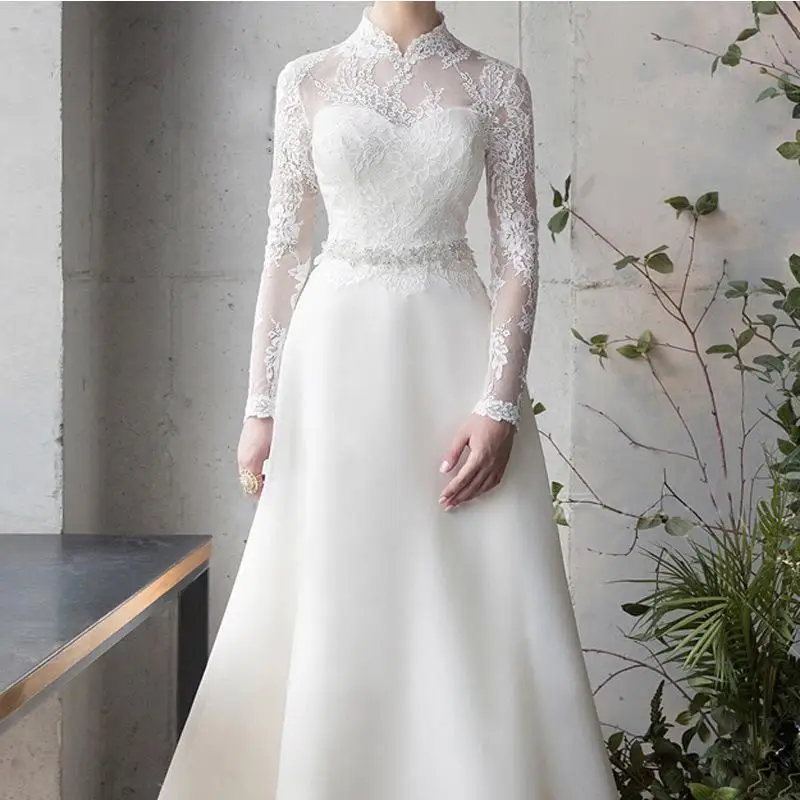 Vestidos De Novia De línea A con encaje, manga larga, satén, hasta el suelo, elegante, cuello alto, bata Simple De Marie