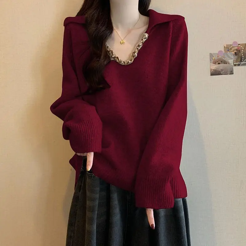 Women Lapel Collar Knit Sweater Lace Trim V Neck Long Sleeve Loose Drop Shoulder Casual Pullover Jumper