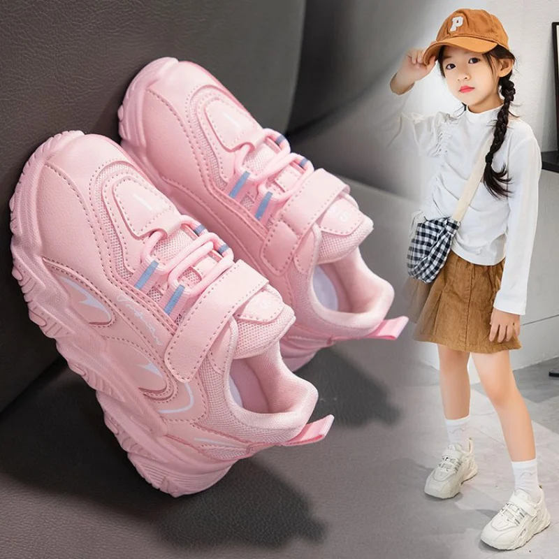 Girls' Sports Shoes Leather Autumn New Children's White Shoes Non-Slip Medium and Big Children Schoolgirl Casual Shoes