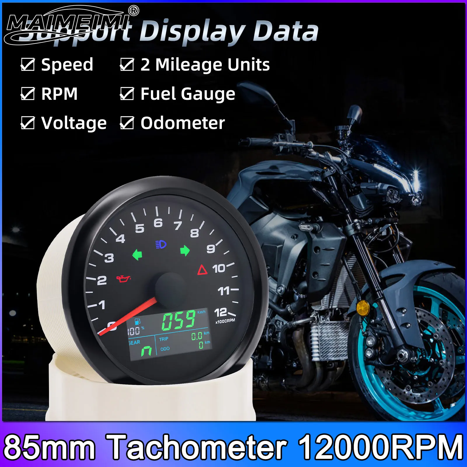 

Tachometer & Fuel Gauge 0~12000RPM 85mm Motorbike GPS Speedometer IP67 Waterproof Tachometer Voltmeter 12V/24V Black Customized