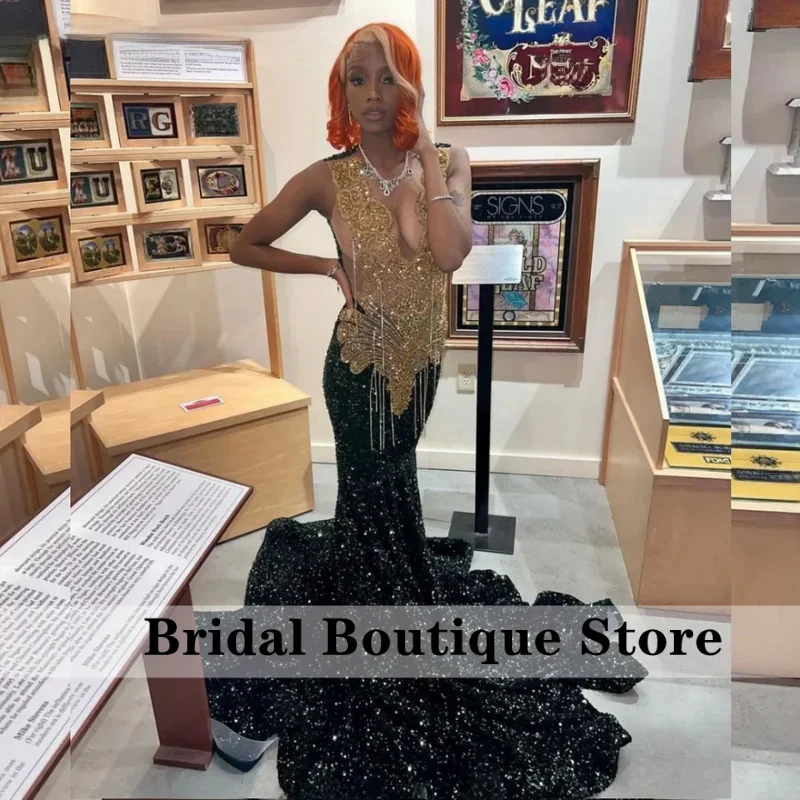 Customized Gorgeous Black Sequins Mermaid Prom Dress Gold Beaded Crystal Diamond Party Gown Vestido De Festa