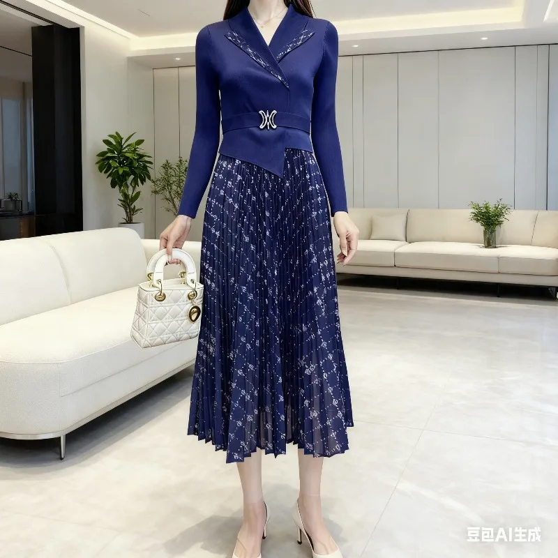 

Miyake плиссированные платья больших размеров 2022, осень, новая мода, горячее золото, темпераментный костюм с воротником на талии, тонкие женские длинные платья