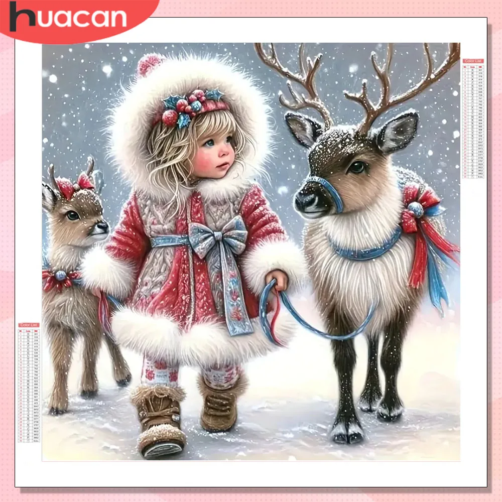 HUACAN 5D Diy Diamant Mosaik Mädchen Porträt Winter Volle Kits Diamant Malerei Hirsch Weihnachten Tier Strass