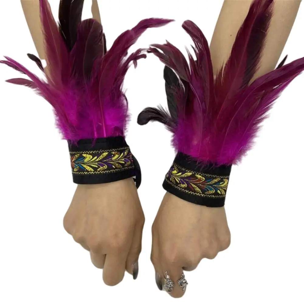 Guantes de plumas de encaje para fiesta, guantes largos góticos para mujer, puños de muñeca, manoplas bordadas, gancho, puños de piel, accesorio para escenario, guantes para dedo