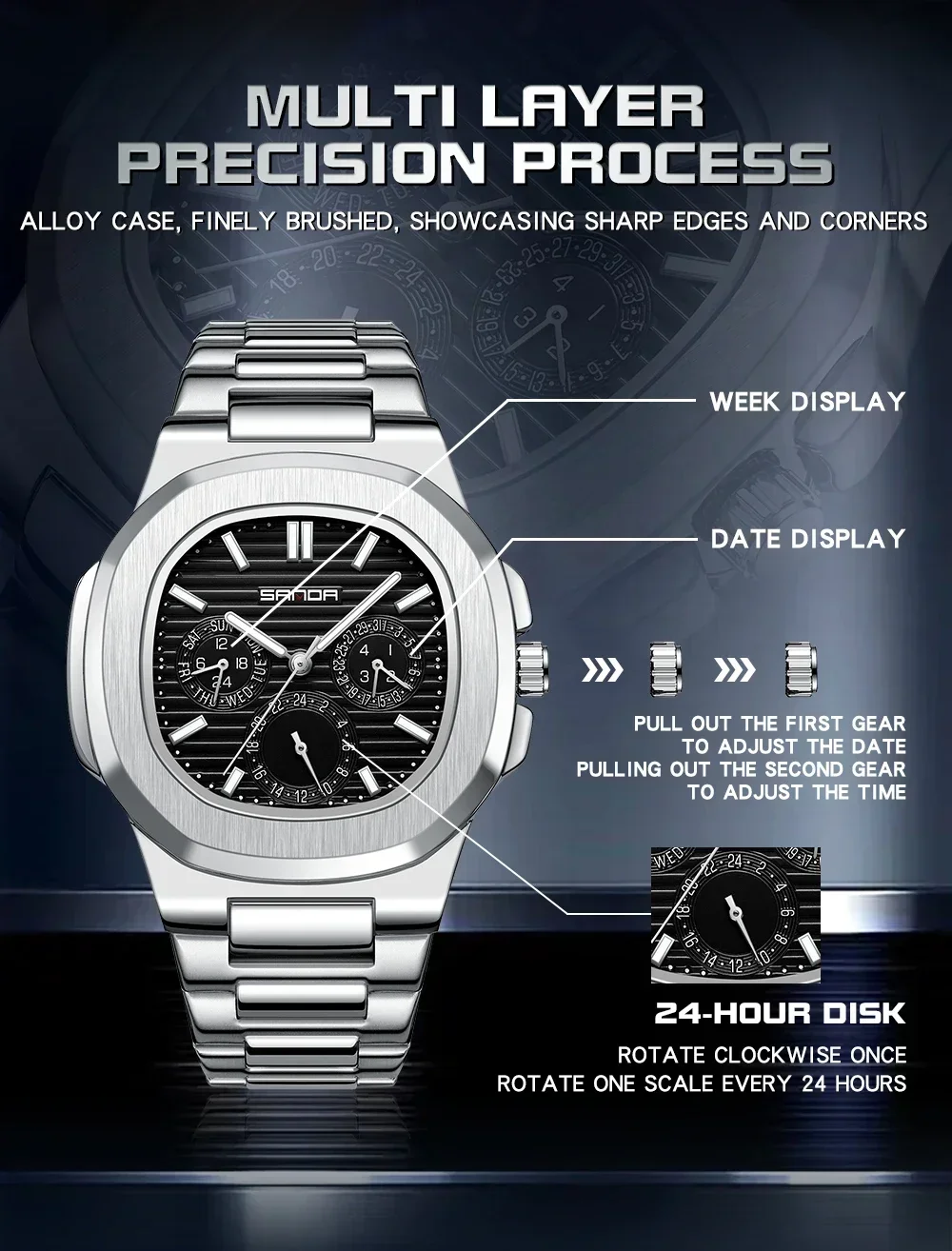 Sanda 7053 moda de luxo negócios à prova dwaterproof água relógio masculino luminoso data completa aço inoxidável quadrado quartzo relógio masculino reloj hombre