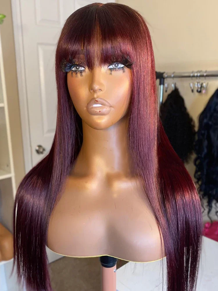 99J Burgundy Red Human Hair Wig With Bangs Straight Full Machine Made Glueless preplucked human wigs ready to go wigs for Women