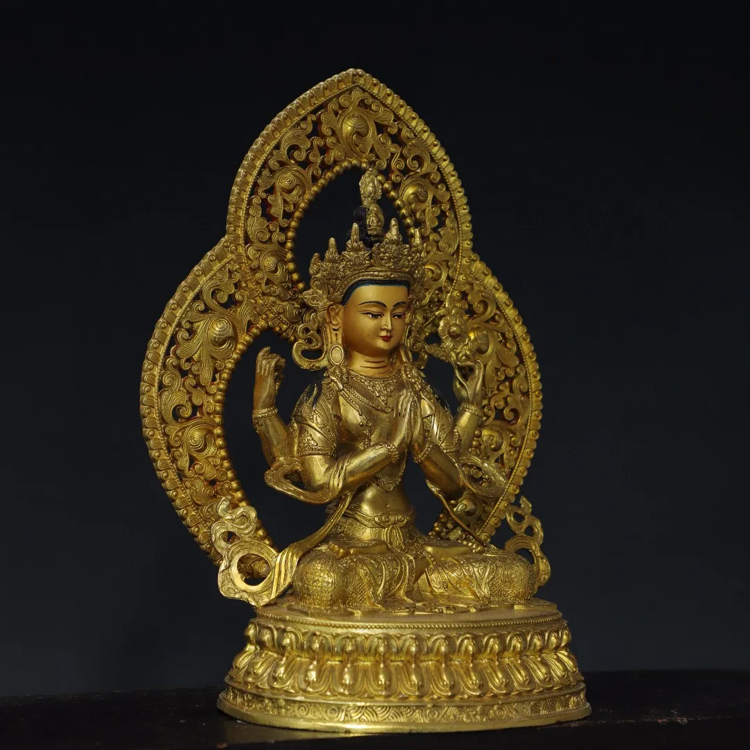 Nepal Tibetan brass tire painted face gilded backlight four-arm Tara Guanyin home Buddhist temple ornaments 35cm