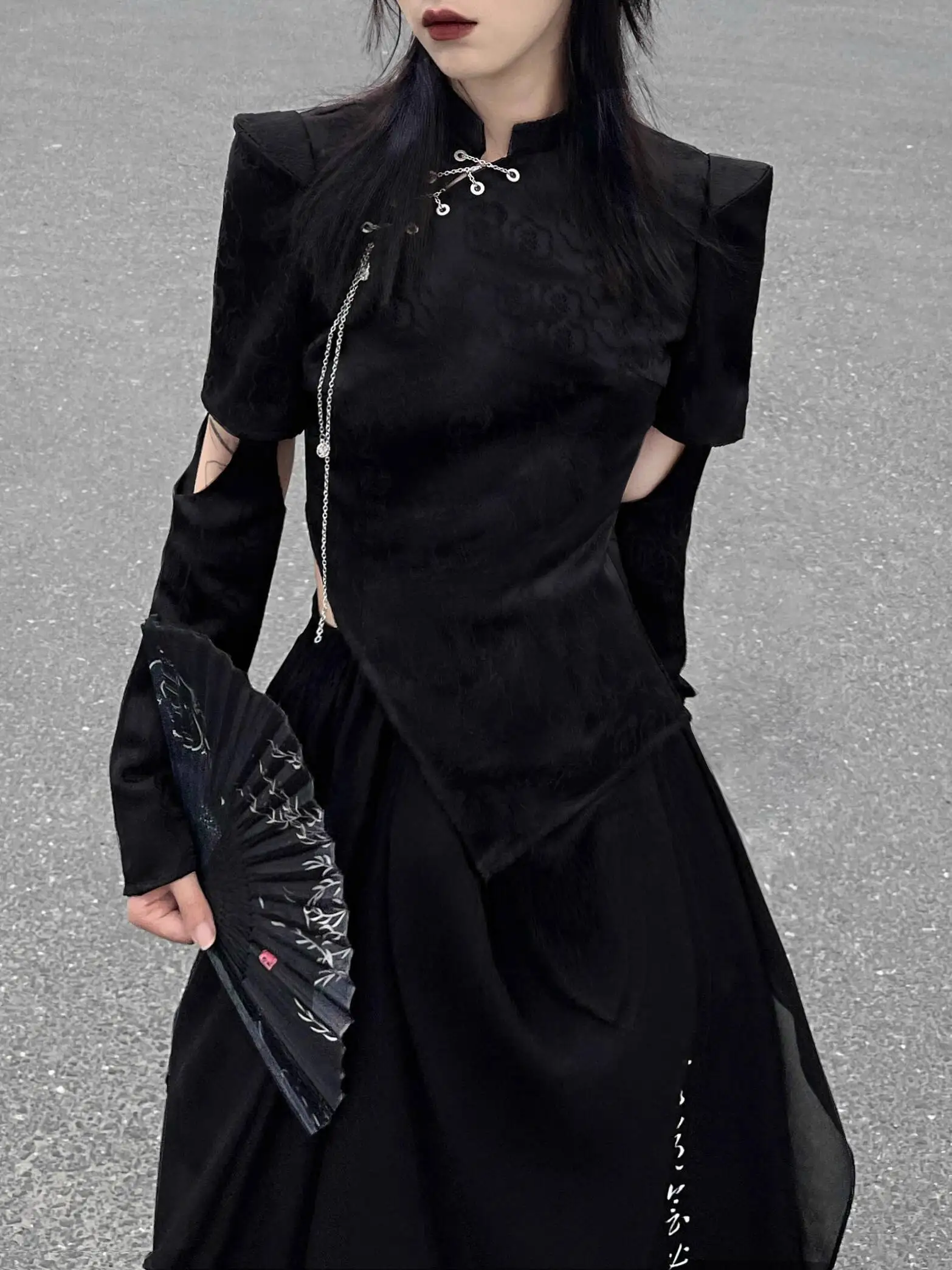 

New Chinese Style High Street Hottie Dark Suit Guofeng Cheongsam Tops Women Retro Cuff Tops Pantskirt Carnival Halloween Cosplay