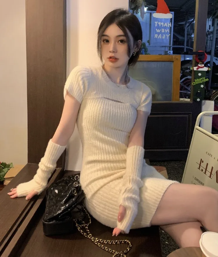 

Spring New Korean Versatile Slim Knitted Sleeve Wool Dress Korean Fashion Evening Party Dress Females Pure Cloor Clothing