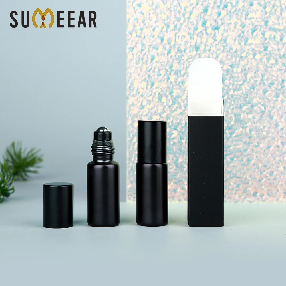 50/100 قطعة 5 مل عطر زجاجي أسود غير لامع مطلي بالكهرباء/زجاجات الزيوت العطرية، بكرات مدمجة ومحمولة وقابلة لإعادة الملء مع صناديق.