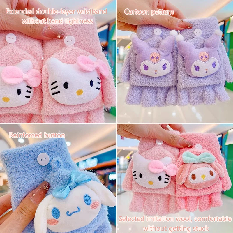 Hello Kitty Sanrio Cinnamoroll Kuromi Winter Plush Flip Gloves To Keep Warm And Cold-Proof Girls Cute Cartoon Gloves Fingerless