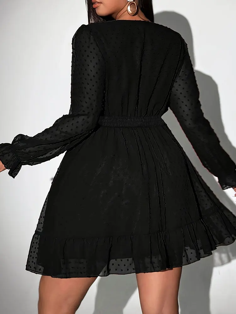 جديد مثير الخامس الرقبة فستان قصير حجم كبير الصلبة البولكا نقطة طويلة الأكمام الأمريكية ضئيلة ألف خط تنورة أنيقة حفلة المرأة مساء اللباس