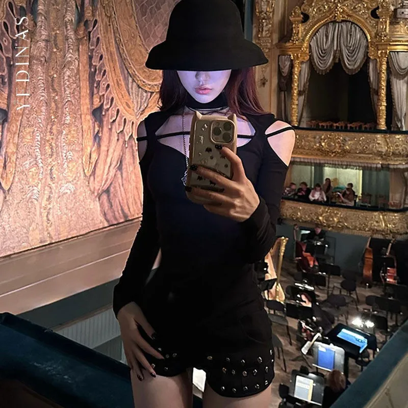 Yedinas Black Hollow Out T Shirt Women Clothes Long Sleeve Korean Fashion Slim Spring Autumn Tops Sexy Tees Female Clothing Y2k