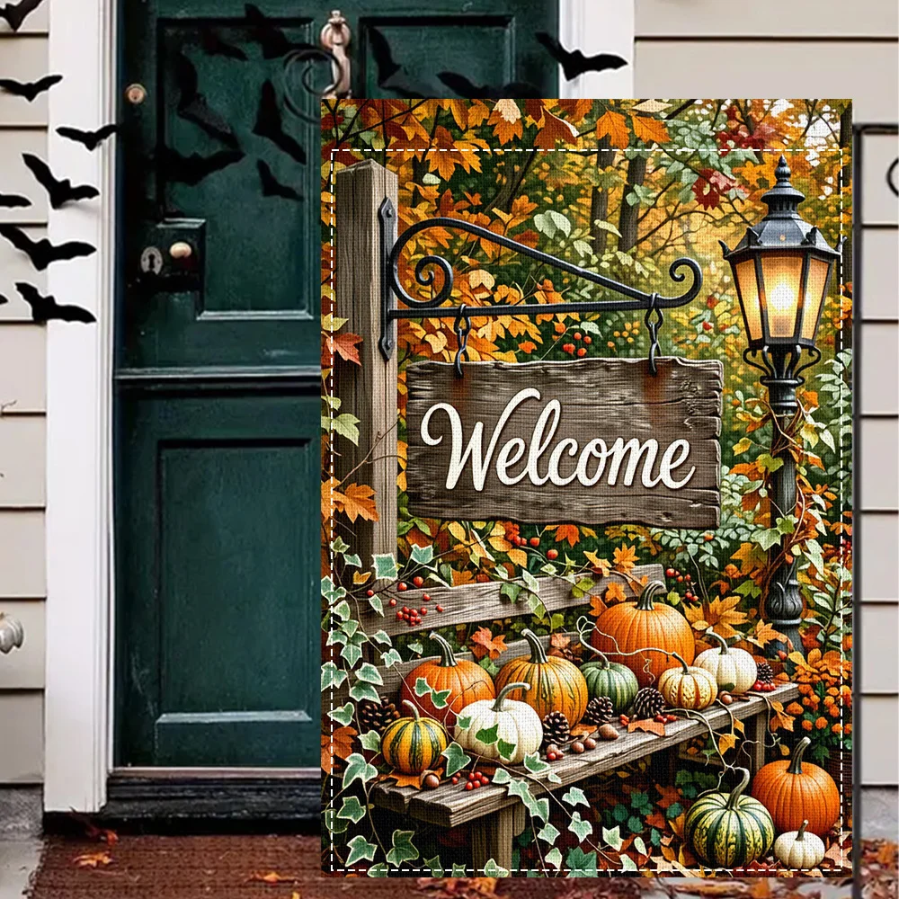 1PC Fall Welcome Pumpkin Patch Garden Flag, double-sided print with rustic lantern design for seasonal outdoor decoration (pole