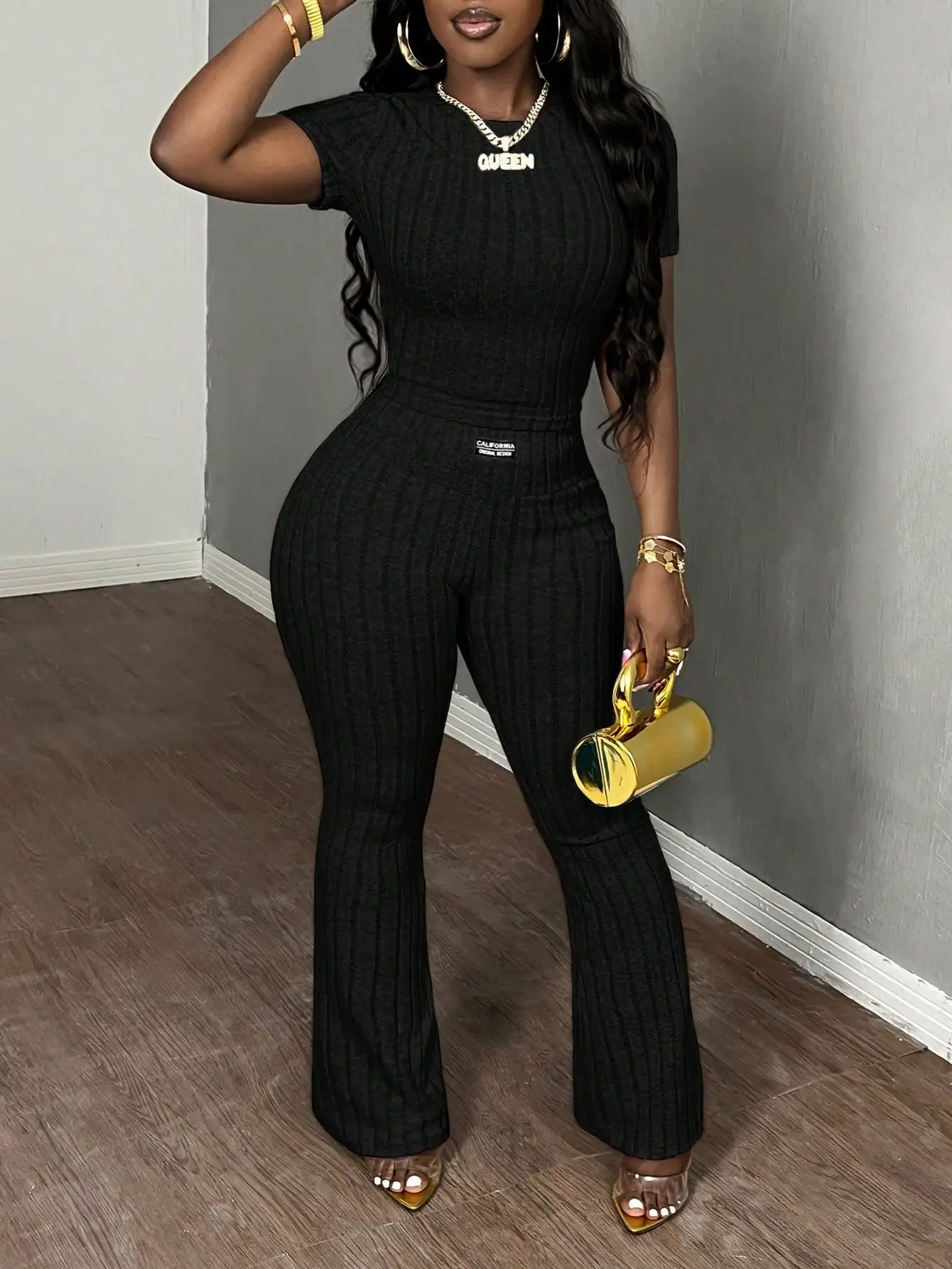 Black Ribbed Knit Jumpsuit with Short Sleeves & Flared Legs, Casual Chic Women's Set