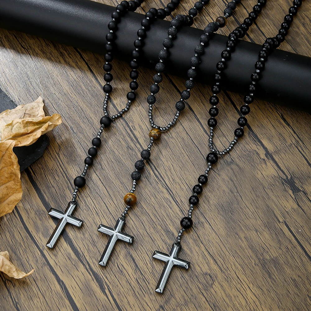 

Retro Personality Punk Style Cross Pendant Necklace Men's Long Beaded Necklace Sweater Necklace for Man Stainless Steel Jewelry