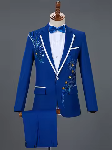 Fashion Men Luxurious Wedding Suit 2-piece Blue / Black Trendy Singer Host Dance Party Decal Dress Set Slim Male Blazer and Pant