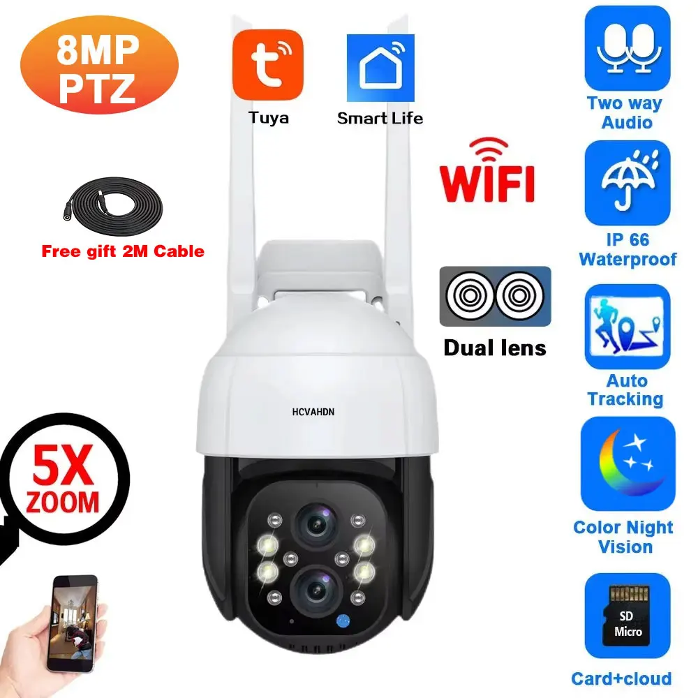 Tuya Smart 4K PTZ IP Camera Outdoor Dual Lens WiFi Auto Tracking Security Surveillance Camera 2 Way Audio Wireless CCTV Cam 8M