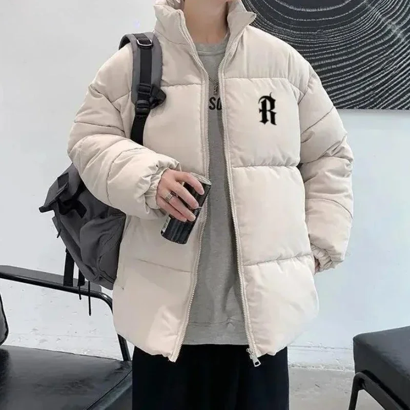 

​ Азиатское уличное хлопковое пальто 2025г. ​ Мужская свободная куртка большого размера с принтом без капюшона и теплая флисовая подкладка