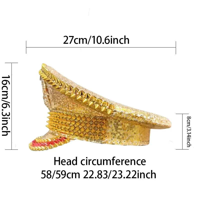 Czapka Kapitańska HongLuan z Żółtą Laserową Skórzaną Pętelką, Ozdobiona Cyrkoniami, Czapki Wojskowe dla Kobiet, Akcesoria na Festiwale Rave i Czapka Imprezowa dla Mężczyzn