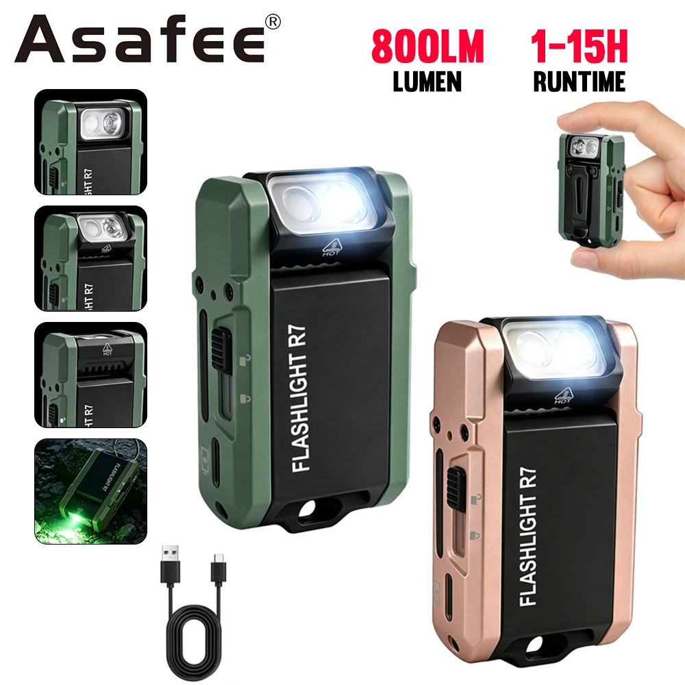 asafee-r-7-800-lm-ledキーホルダー懐中電灯180°回転ヘッド磁気ポケットrgb作動灯充電可能防水edc懐中電灯