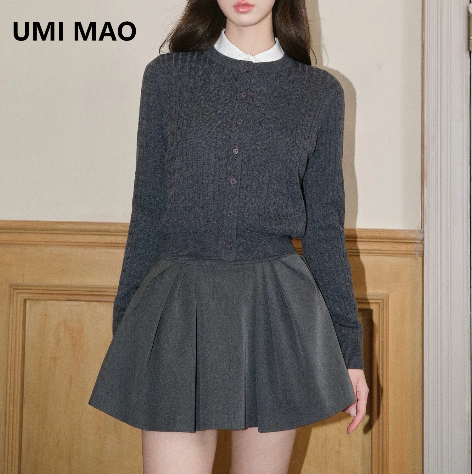 UMI MAO Three-dimensional Cable-knit Wool Blend Cardigan Round-neck Sweater Long-sleeved Outerwear Women Autumn Femme
