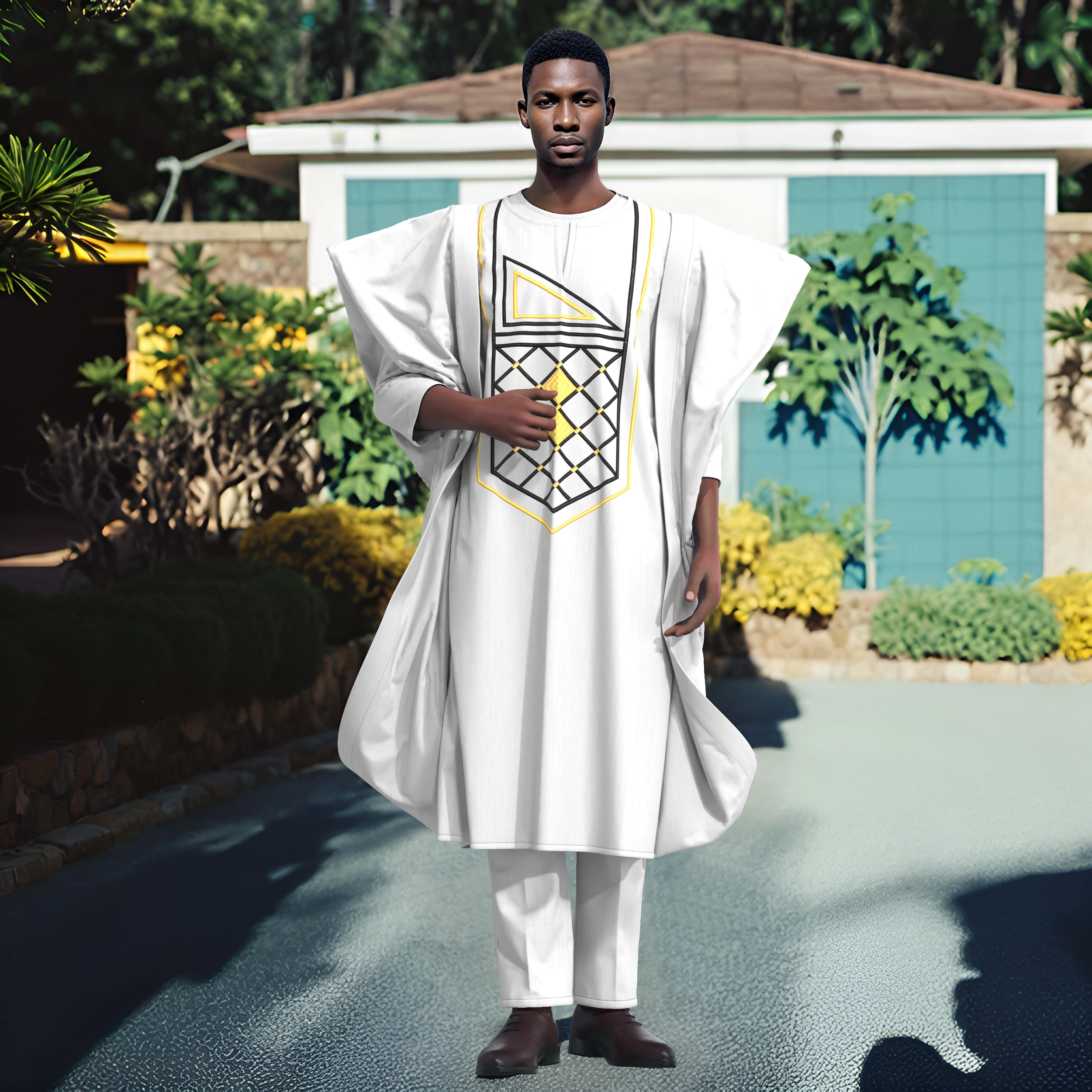 Solid Color African Male Geometric Embroidery Agbada 3 Piece Formal Suit  WYN2126