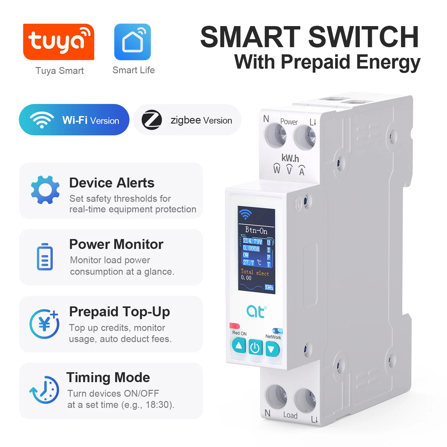 1P 50A Tuya WIFI Smart Switch Circuit Breaker LED Energy Meter KWh Power Metering Timer Relay Remote Control Smart Life APP