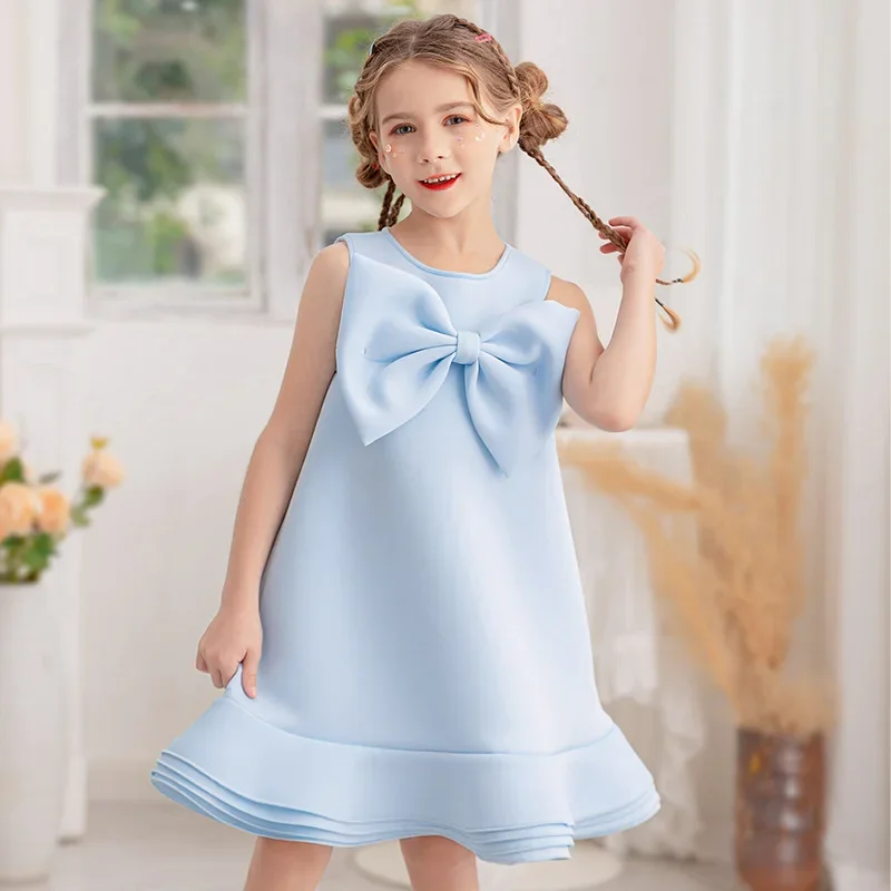 Himmelblaue Prinzessin Kostüm neue Sommerferien Mädchen Big Bow Kleider einteilige Kinder Geburtstag Kinder Party Hochzeits kleidung