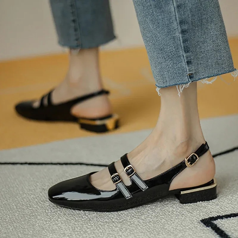 Women Sandals Summer Shoes Woman Flats Double Buckle Mary Janes Shoes Patent Leather Dress Shoes Back Strap Zapatos Mujer