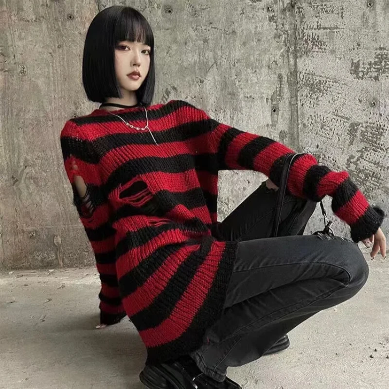 Women Sexy Hollow Out Striped Long Sweaters Punk Gothic Cool Hole Broken Jumpers Over Size Loose Rock Dark  Pullovers Sweaters