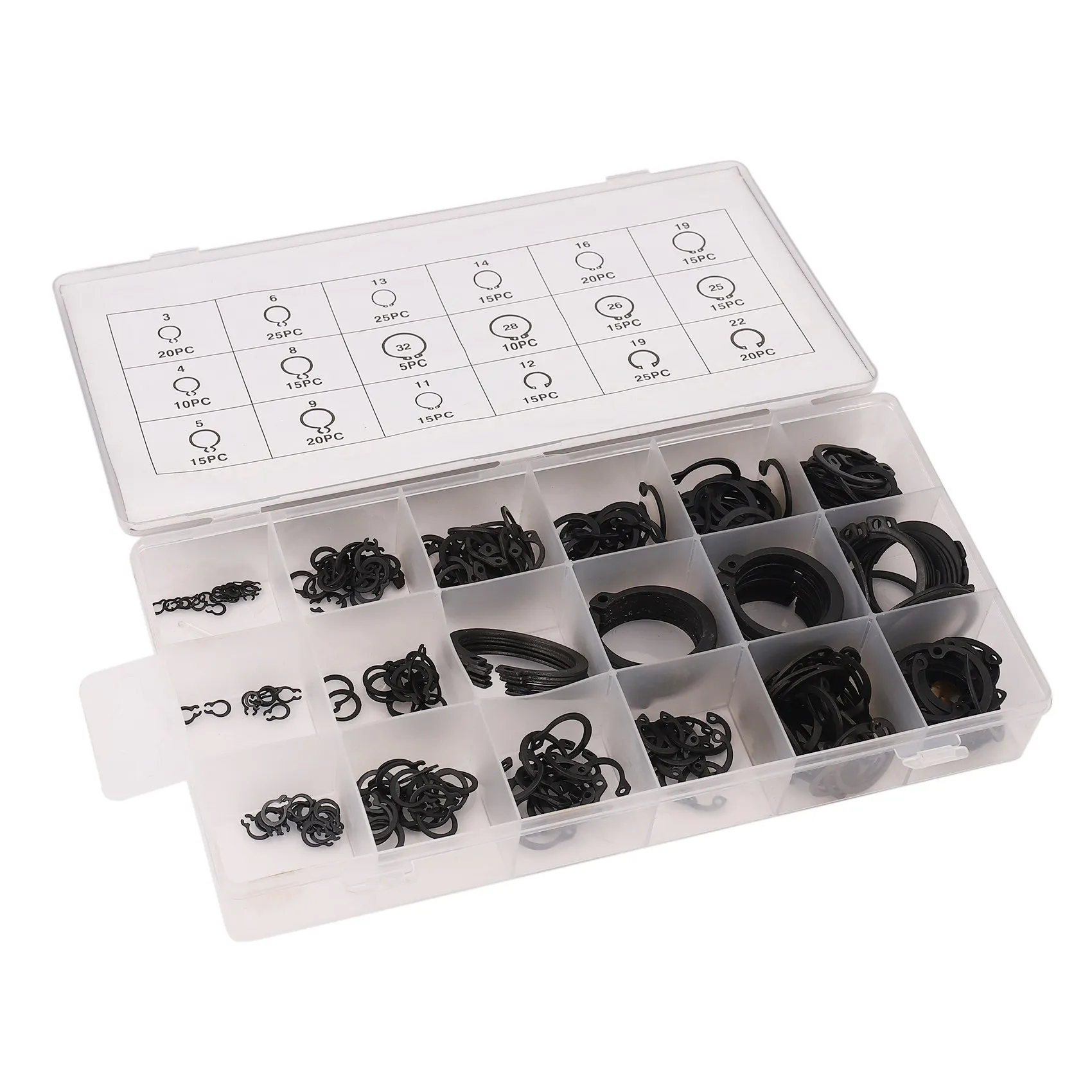 300 piezas C-Clips anillo de presión externo arandela negra Hardware Cir Clip juego de anillos de retención para sujetadores industriales 18