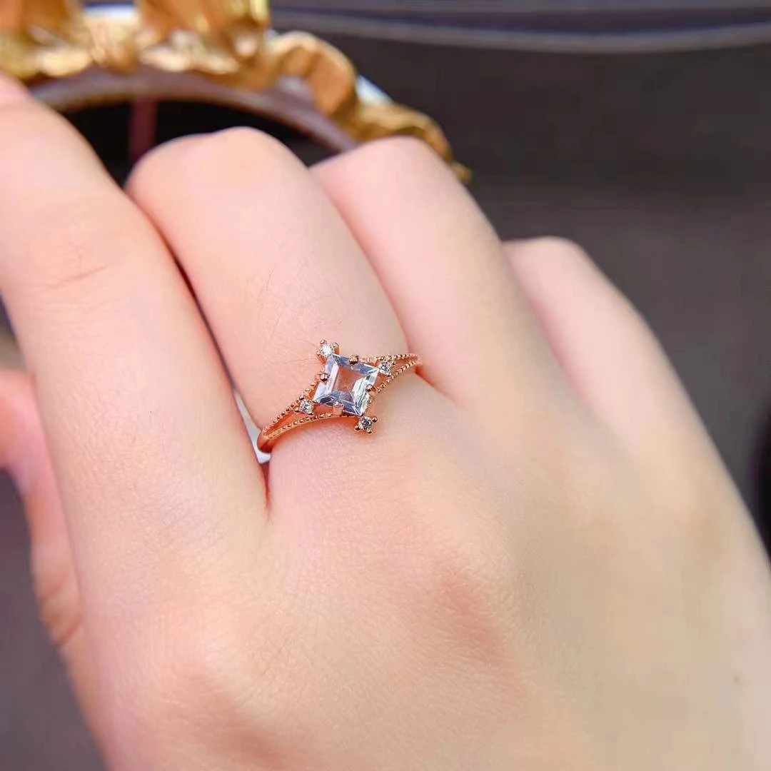 Vintage Silver Gemstone Ring 5mm Princess Square Cut Natural Aquamarine Ring 925 Silver Aquamarine Jewelry view 4