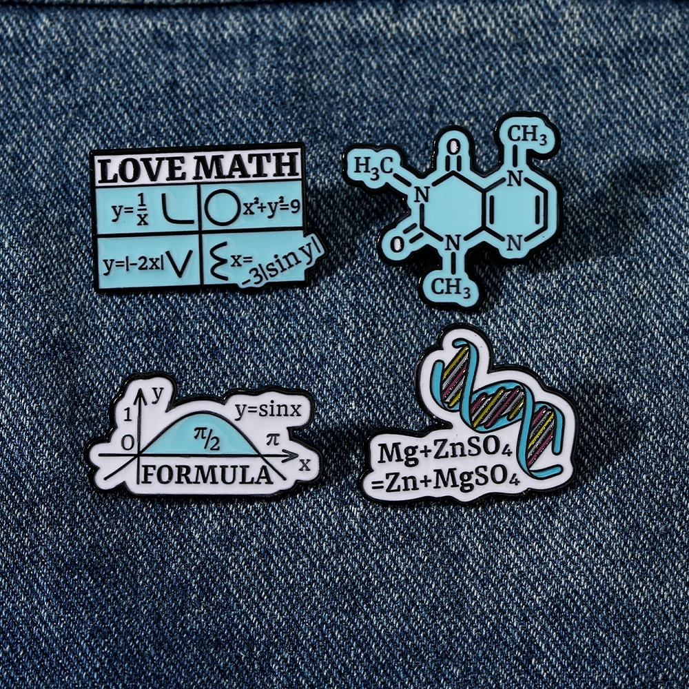4Styles Funny Love Math Formula Y=sinx Design Enamel Brooches Blue Chemical Equation Molecular Formula Pins Science Badge