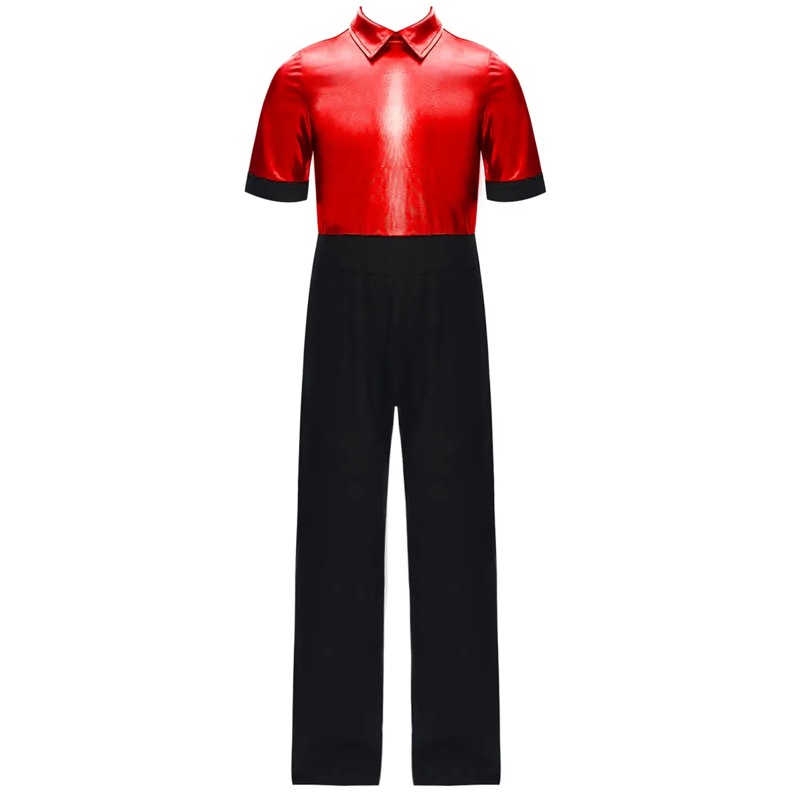 キッズボーイズジャズラテンダンスジャンプスーツステージパフォーマンス衣装半袖ジップアップメタリックパッチワークワンピース社交ダンスウェア