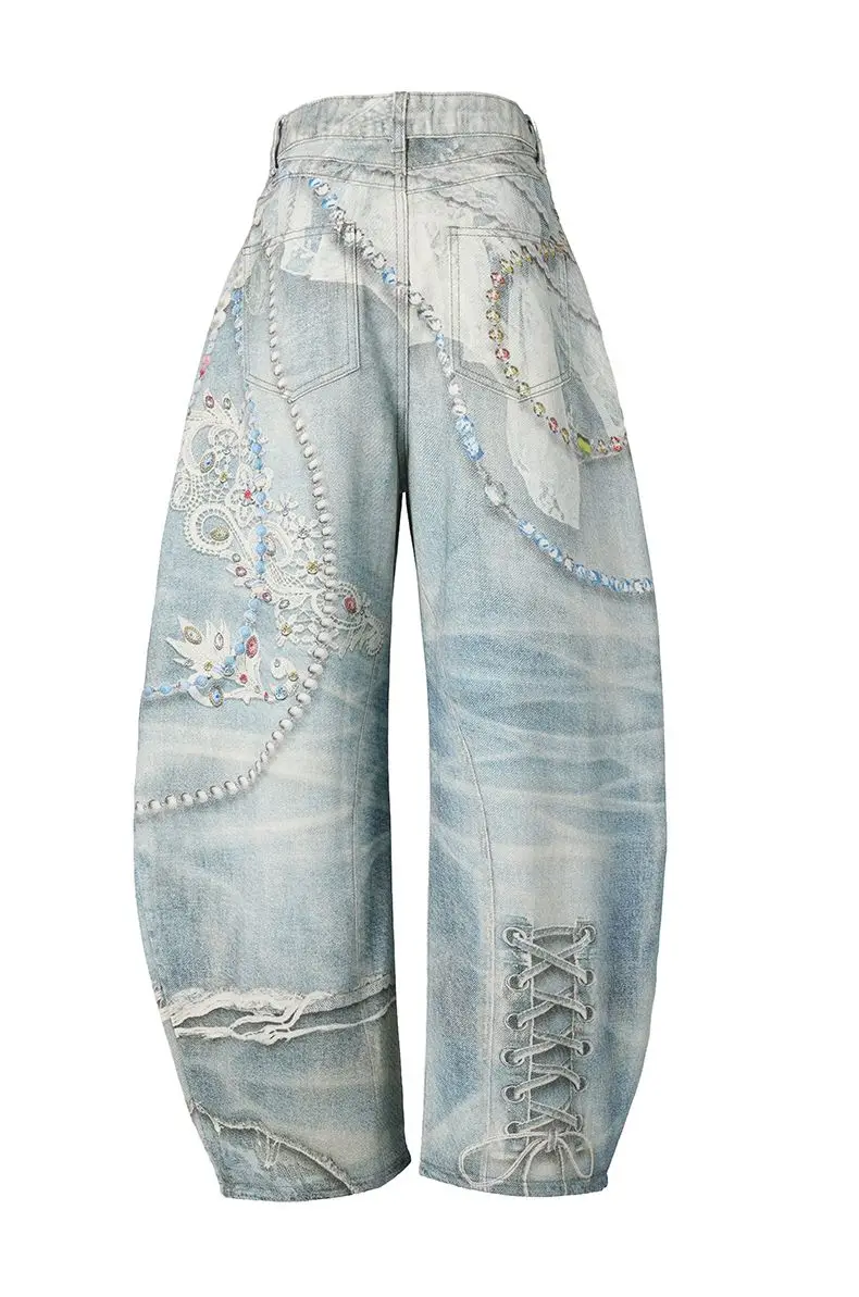 CHICATWILL Trendy Casual Baggy Denim Jeans 3D Printed Chains Pattern Wide Leg Pants Girls Fashion Loose Long Trousers Streetwear