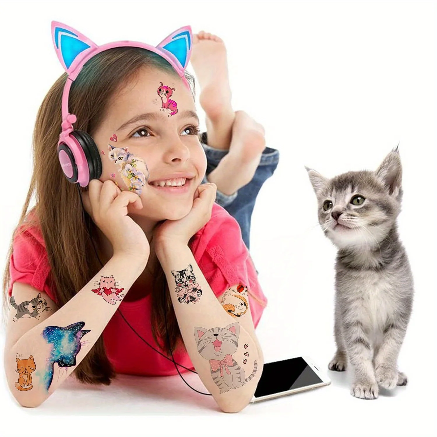 30pcs Cute Funny Meme Cats Temporary Tattoos Stickers for Kids Women Girls Animal Pet Fake Tattoo Hands Wrist Themed Party Decor