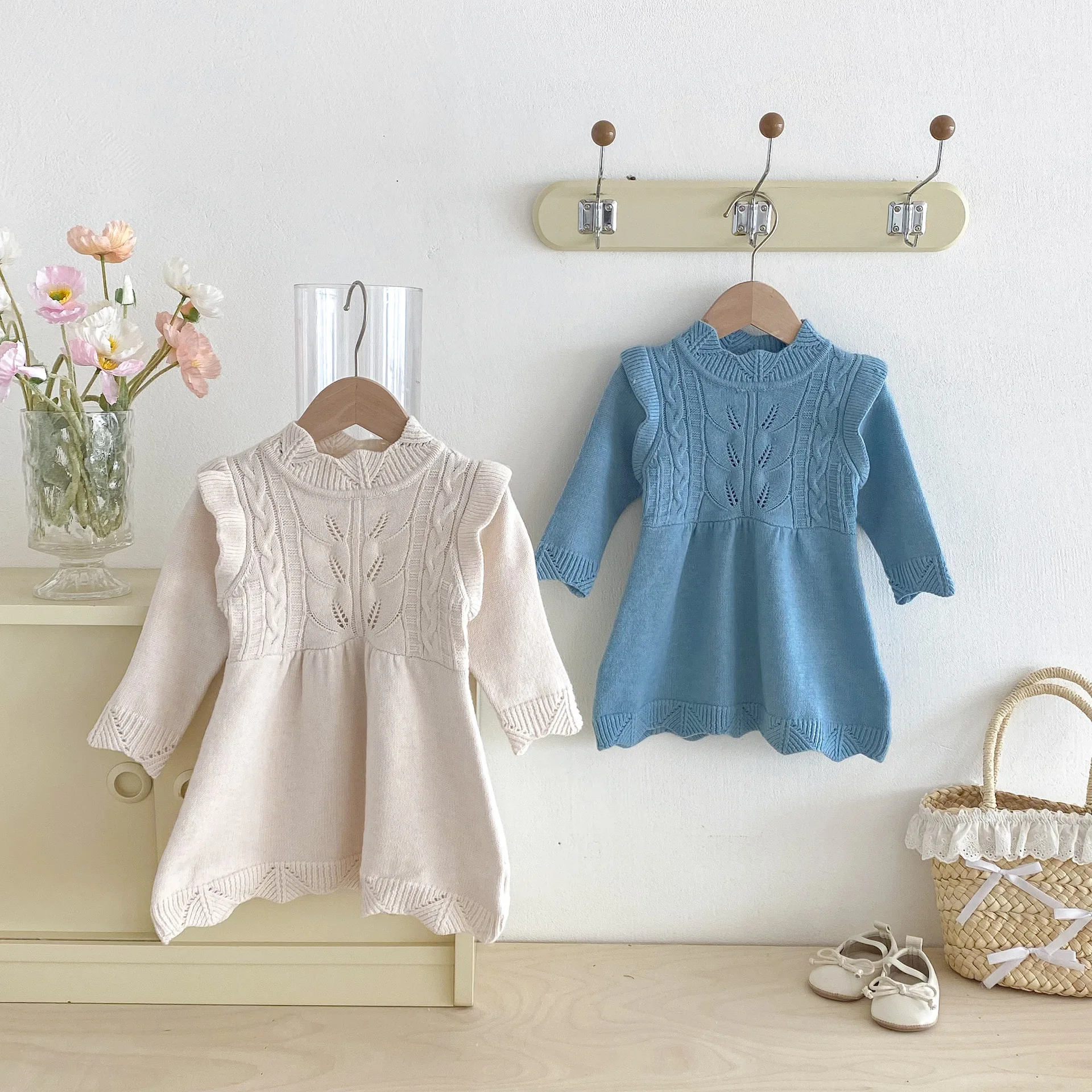 

2025 г., хлопково-шерстяное вязаное теплое платье для девочек, осеннее платье-свитер для малышей и детей, подходящее для уличной одежды