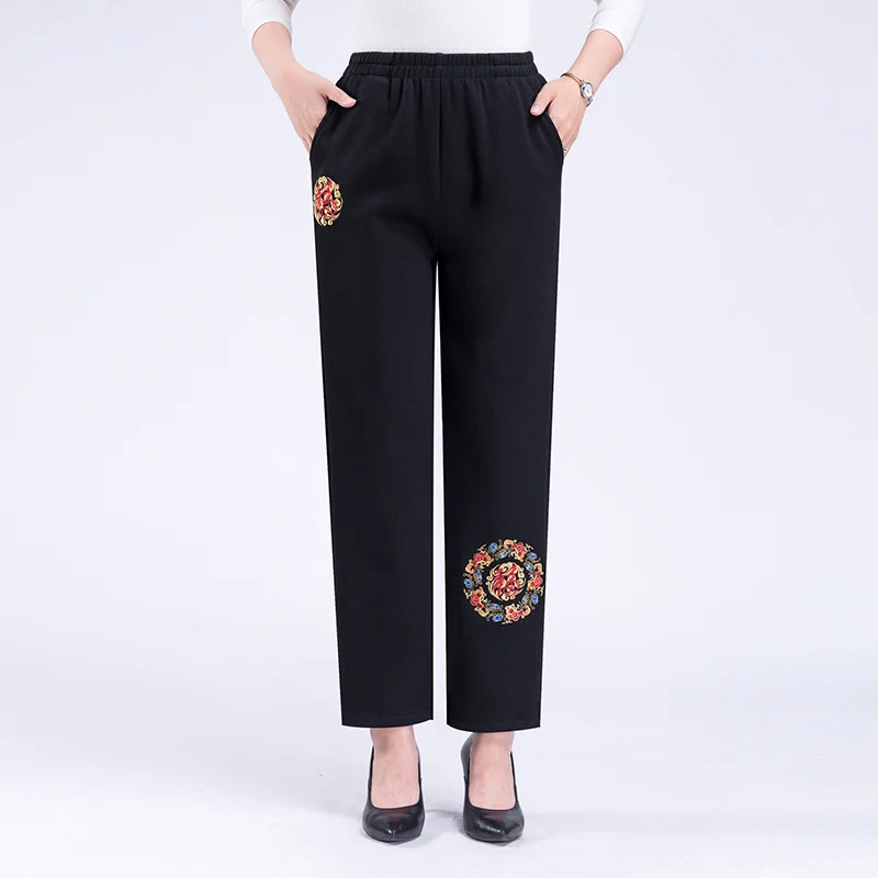 

Middle Aged Women Straight Trousers 2023 New Spring Autumn High Waist Casual Mother Vintage Embroidery Mom Pants 4XL