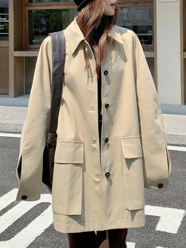 ZMEENNA ベージュ ミッドレングス ジャケット 女性用 ノッチカラー ボタン留め スタイリッシュ アウター フラップポケット ZM4142