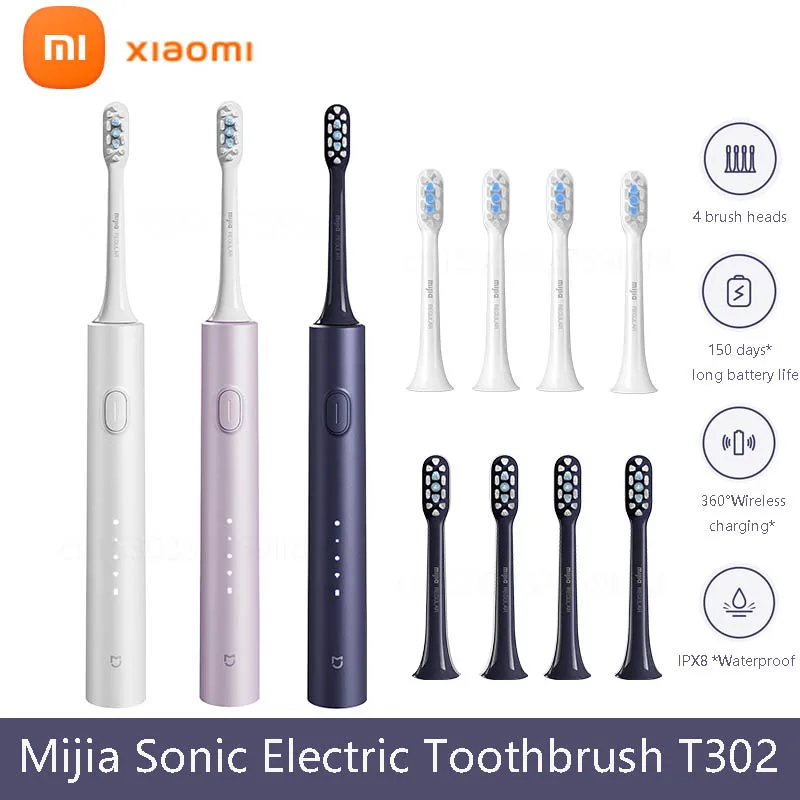 XIAOMI Mijia Sonic Electric Toothbrush T302 3colors 4 Brush Heads IPX8 Water Proof 360° Wireless Charging 4 Modes Cleaning Teeth